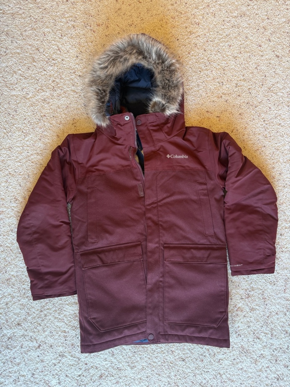 Columbia Kids Maroon Puffer Jacket with Faux Fur Hood